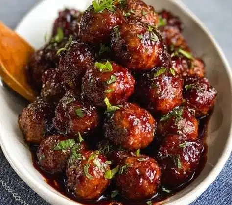 Delicious grape jelly meatballs served on a plate, perfect for parties and gatherings.