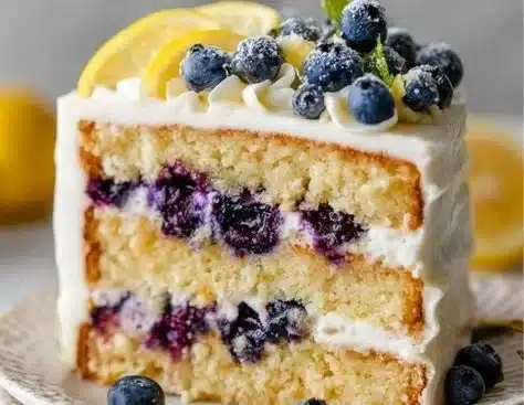 Delicious Lemon Blueberry Cake topped with fresh blueberries and lemon zest