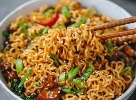 A bowl of steaming ramen noodles garnished with fresh vegetables and spices.