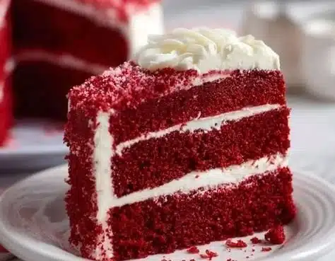 Delicious Red Velvet Cake with cream cheese frosting on a decorative plate