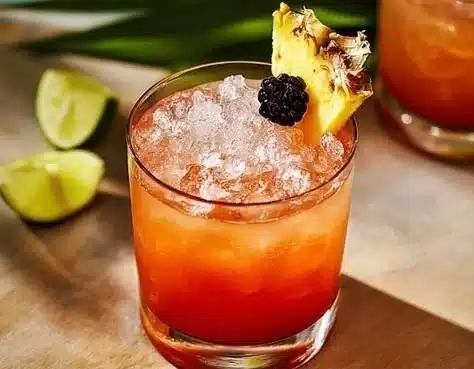 A refreshing Rum Runner cocktail garnished with fruit, showcasing vibrant colors.