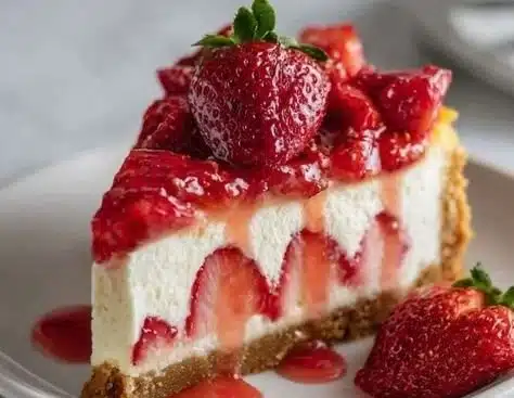 Delicious homemade strawberry cheesecake topped with fresh strawberries