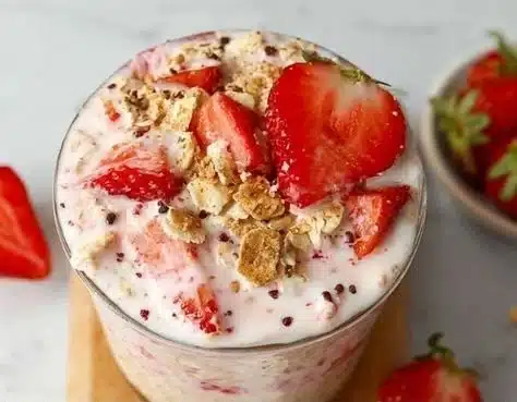 Delicious strawberry cheesecake overnight oats topped with fresh strawberries.