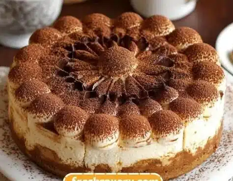 Ultimate Tiramisu Cheesecake topped with coffee and cocoa powder.